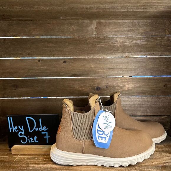 New NWB Mens Hey Dude Branson Tan Brown Leather‎ Chelsea Ankle Boots Size 7 M - Picture 1 of 7